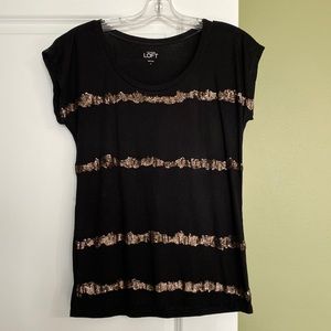 LOFT Lightweight Black Tee with Gold Sequin Stripes